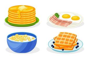 impostato prima colazione. fiocchi con latte. cialde. strapazzate uova. Pancakes. icona nel cartone animato stile. isolato oggetto. vettore