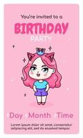 contento compleanno verticale invito carta con cartone animato kawaii anime ragazza. vettore illustrazione per festeggiare Data nascita. ragnatela o Stampa design.