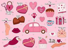 San Valentino giorno mano disegnato elementi per manifesti, saluto carte, banner e inviti. grande etichetta impostato di cuore, dolci, caffè, cupcake, chiave, caramella, lettera, diamante, fiore, regalo, Palloncino, bacio vettore