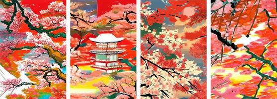 impostato di quattro vettore illustrazioni di tradizionale giapponese paesaggio, architettura e ciliegia fiorire albero.