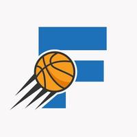 iniziale lettera f pallacanestro logo concetto con in movimento pallacanestro icona. cestino palla logotipo simbolo vettore modello