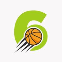 iniziale lettera 6 pallacanestro logo concetto con in movimento pallacanestro icona. cestino palla logotipo simbolo vettore modello