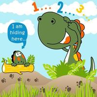 divertente dinosauri giocando nascondere e cercare nel foresta, vettore cartone animato illustrazione