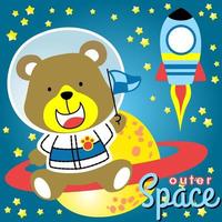 carino orsi nel astronauta costume seduta su Saturno pianeta con un' razzo volante nel spazio. vettore cartone animato illustrazione