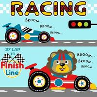 carino Leone su da corsa macchina, gara auto campionato elementi, vettore cartone animato illustrazione