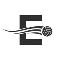 iniziale lettera e pallavolo logo concetto con in movimento volley palla icona. pallavolo gli sport logotipo simbolo vettore modello