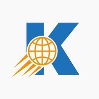 lettera K globale logo concetto con in movimento mondo icona. globale logotipo simbolo vettore modello