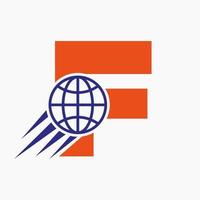 lettera f globale logo concetto con in movimento mondo icona. globale logotipo simbolo vettore modello
