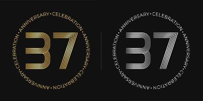 37 ° compleanno. trentasette anni anniversario celebrazione bandiera nel d'oro e argento colori. circolare logo con originale numeri design nel elegante Linee. vettore