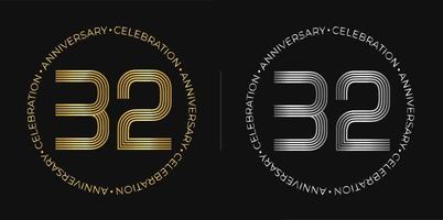 32th compleanno. trentadue anni anniversario celebrazione bandiera nel d'oro e argento colori. circolare logo con originale numeri design nel elegante Linee. vettore