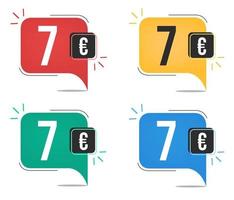7 Euro prezzo. giallo, rosso, blu e verde moneta tag. Palloncino concetto. vettore
