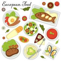 collezione di tradizionale piatti di europeo Paesi. ricette a partire dal Europa, fritte pesce uova e salsiccia. vettore