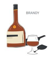 Brandy alcolizzato bevanda nel bottiglia e bicchiere vettore