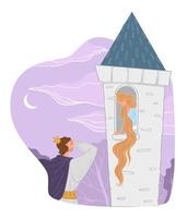 Principe e Principessa con lungo capelli nel alto Torre vettore
