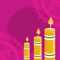 felice celebrazione diwali con tre candele in sfondo rosa vettore