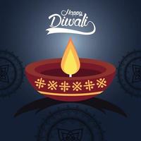 felice celebrazione di diwali con candela e mandala in sfondo blu vettore