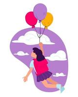 piccolo ragazza volante su palloncini, immaginazione e opportunità vettore