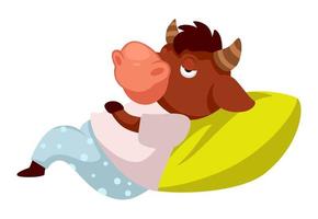 assonnato bufalo posa su cuscino, stanco o pigro animale vettore