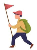 esploratore a piedi con rosso bandiera su palo, in viaggio ragazzo vettore
