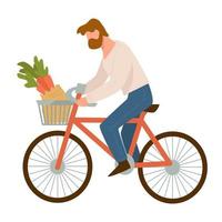 uomo equitazione bicicletta con carote nel cestino vettore