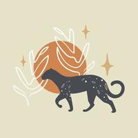 boho nero leopardo vettore cartone animato stile illustrazione. medio secolo Stampa. cosmico minimalista scena