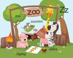 alfabeto lettera z, zoo, zip, zebra, zigzag, zucchine vettore
