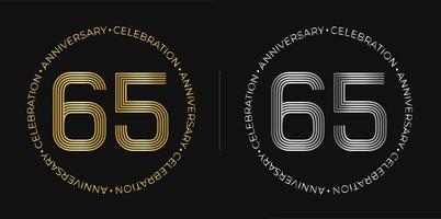 65 ° compleanno. sessantacinque anni anniversario celebrazione bandiera nel d'oro e argento colori. circolare logo con originale numeri design nel elegante Linee. vettore