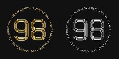 98th compleanno. novant'otto anni anniversario celebrazione bandiera nel d'oro e argento colori. circolare logo con originale numero design nel elegante Linee. vettore