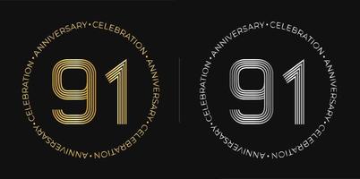 91 ° compleanno. novantuno anni anniversario celebrazione bandiera nel d'oro e argento colori. circolare logo con originale numero design nel elegante Linee. vettore