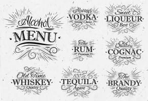 impostato alcool menù bevande lettering nomi nel retrò stile Vodka, liquore, Rum, Cognac, Brandy, Tequila, whisky nel Vintage ▾ stile vettore