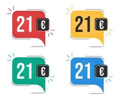 21 Euro prezzo. giallo, rosso, blu e verde moneta tag con Palloncino concetto. vettore