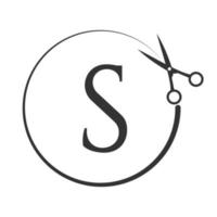 salone e capelli taglio logo su lettera S cartello. forbici icona con logotipo concetto vettore