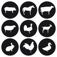 azienda agricola animali icone impostare. bianca su un' nero sfondo vettore