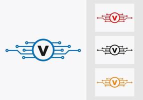 lettera v tecnologia logo design modello. Rete logo design vettore