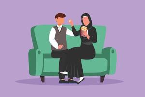 grafico piatto design disegno romantico giovane arabo coppia seduta rilassato insieme su divano, donna alimentazione Popcorn per uomo. celebrare nozze anniversario nel vivente camera. cartone animato stile vettore illustrazione