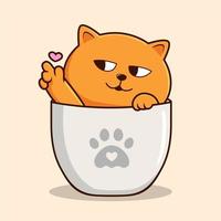 arancia gatto nel tazza agitando zampe cartone animato - arancia figa gatto amore mano vettore