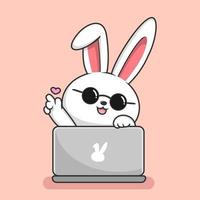 carino coniglio giocando il computer portatile cartone animato - coniglietto nascondiglio dietro a il computer portatile con cerchio bicchieri vettore