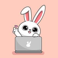 carino coniglio kawaii giocare il computer portatile cartone animato - coniglietto nascondiglio dietro a il computer portatile amore mano vettore