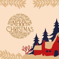 Merry Christmas Card con case e alberi vettore