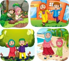 set di personaggi dei cartoni animati di persone musulmane in scene diverse vettore
