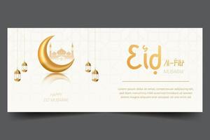 eid al Fitr mubarak orizzontale bandiera con Luna lanterna e moschea illustrazione su pulito sfondo vettore