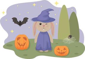Halloween. il Immagine di un' coniglio nel un' strega S cappello circondato di zucche e un' pipistrello con un' ragno, contro il sfondo di il stellato cielo. vettore illustrazione