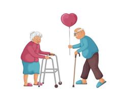 anziano persone nel amore. carino illustrazione con il Immagine di un' nonno chi dà il suo nonna un' Palloncino nel il forma di un' cuore. anziano uomo e donna su San Valentino S giorno vettore