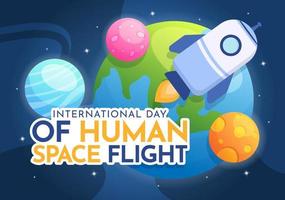 internazionale umano spazio volo giorno su aprile 12 illustrazione con razzo e bambini astronauta nel piatto cartone animato mano disegnato per atterraggio pagina modelli vettore