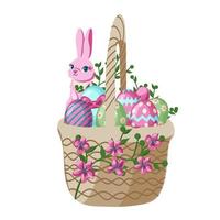 cartone animato Pasqua cesti con dipinto uova e primavera fiori. di vimini cestino pieno di cioccolato uovo, primavera vacanza regalo ostacola vettore impostare. illustrazione di Pasqua cestino per vacanza