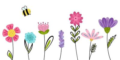 impostato flowerwirh Sorridi ape. carino primavera giardino e natura elementi per ragazze, isolato su bianca per saluto carte, Pasqua, madri giorno vettore