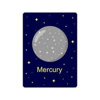 flashcard per bambini con mercurio pianeta su buio stellato sfondo. educativo volantino per scuole e asili nido per spazio apprendimento vettore