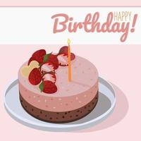 un' saluto carta con un' grande fragola torta e il iscrizione contento compleanno. rosa torta con fragole e un' candela su un' piatto. vettore illustrazione. stampa su un' cartolina, striscione, aviatore