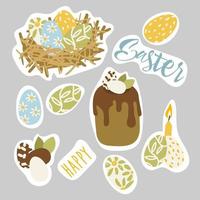 primavera e Pasqua collezione di pane, uova, iscrizione, arredamento e coniglio simbolo. Perfetto per manifesto, cartolina, scrapbooking, etichetta, invito, etichetta impostare. disegnato. vettore illustrazione