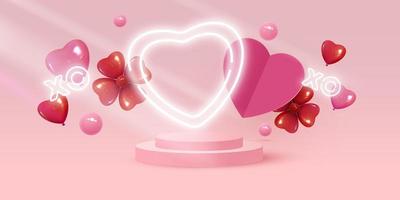 contento San Valentino S giorno sfondo. realistico 3d palcoscenico podio, il giro studio, vacanza decorativo Oggetti, cuore sagomato palloncini, xo simbolo.vettore vettore